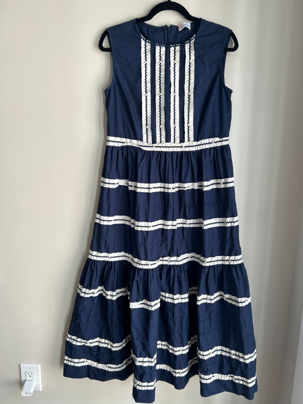 RED Valentino Navy White Stripe Midi Dress Cotton Sleeveless Fit & Flare US 10 - Picture 2 of 12